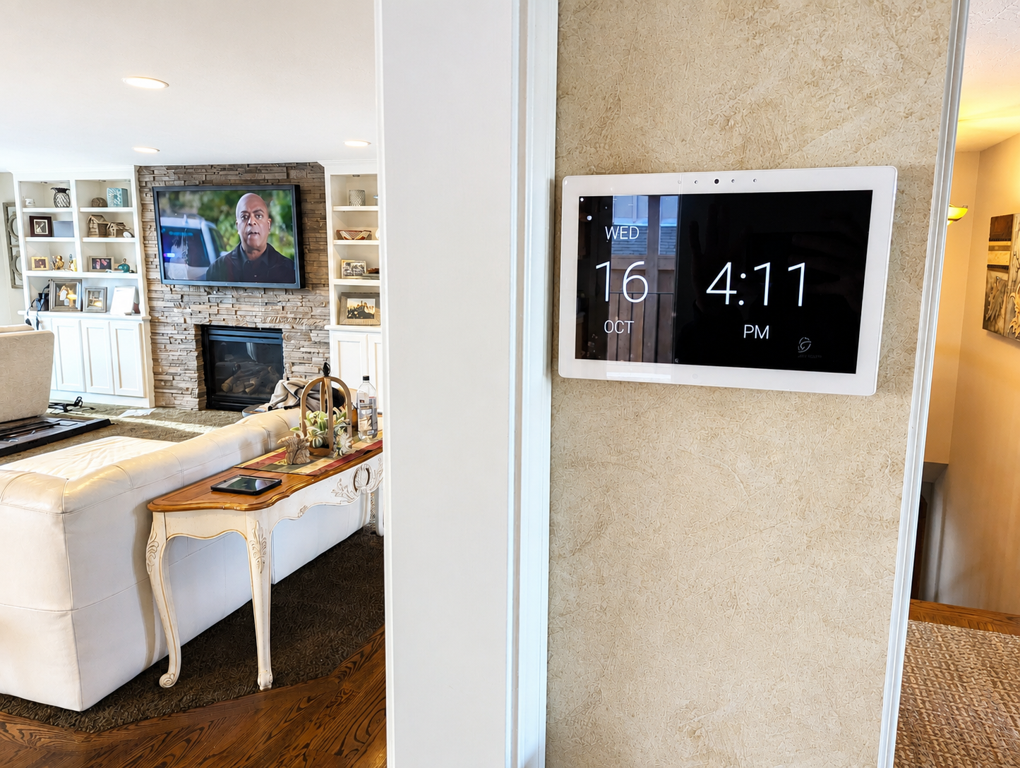 Control4 touch panel and great room in a South Sound smart home by Rivas Technology Group