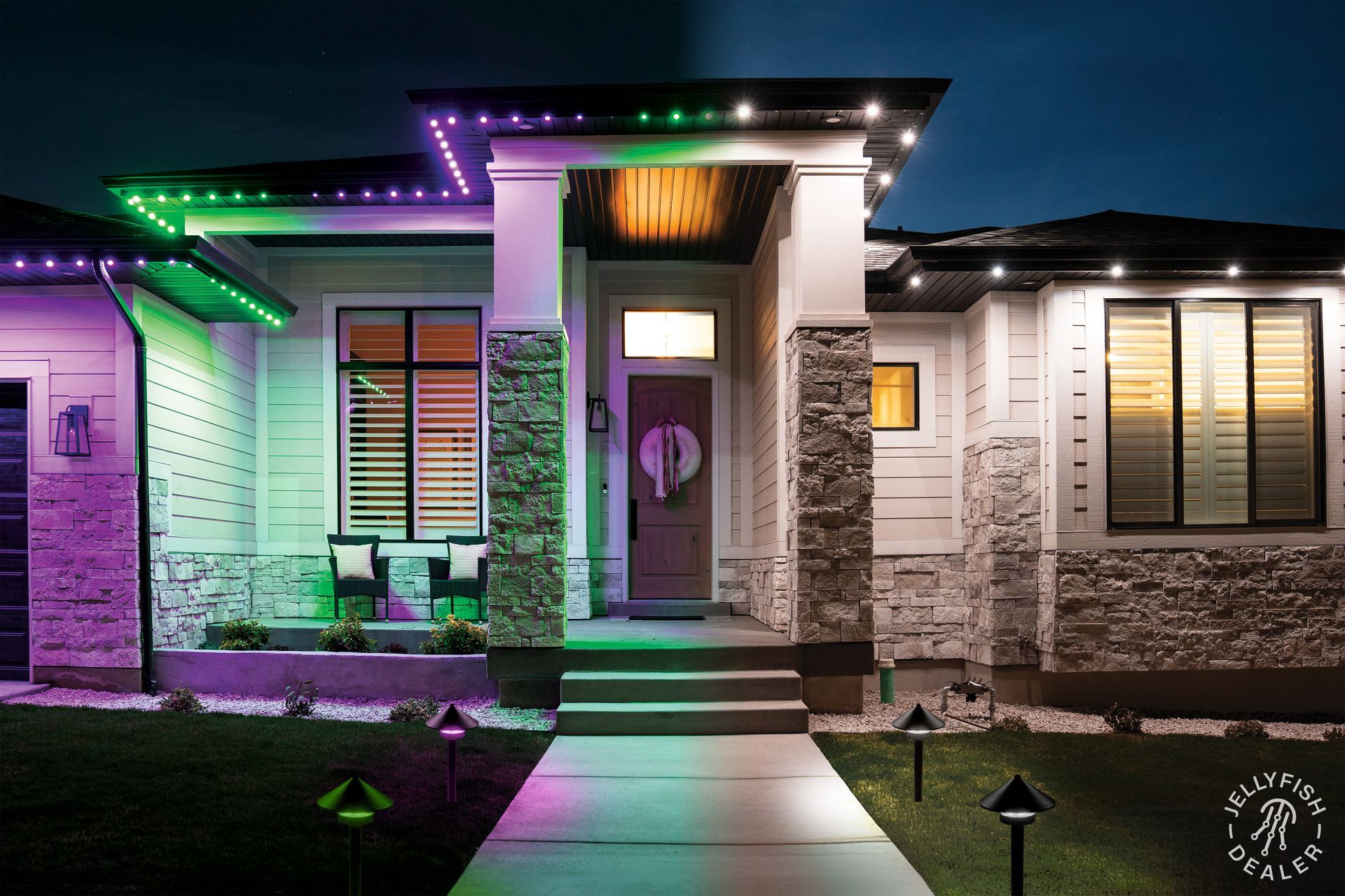 Home exterior illuminated with JellyFish Lighting in alternating green, purple, and white patterns, showing split-scene color options.