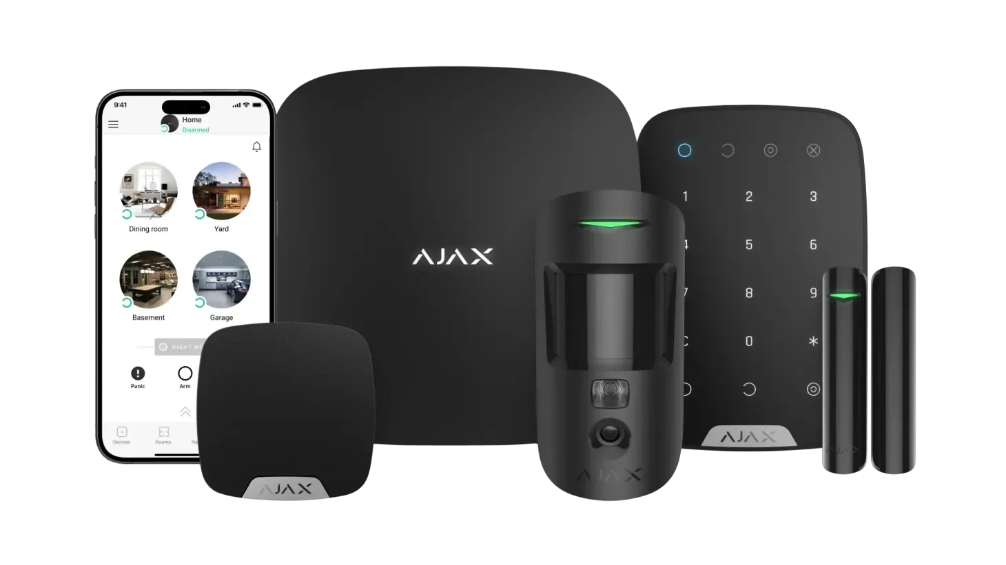 A picture of a security system with a cell phone.