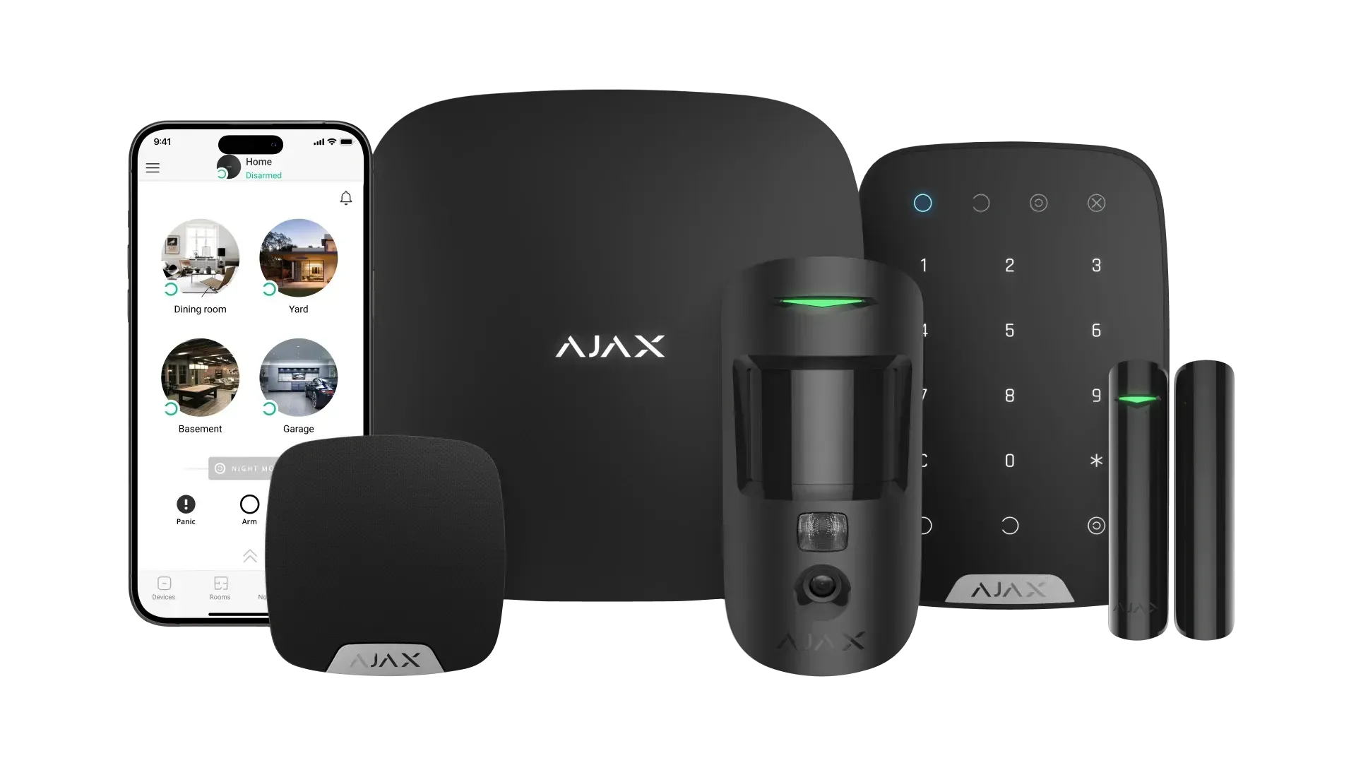 Black Ajax security system components: phone, hub, keypad, motion sensor, and contact sensors.