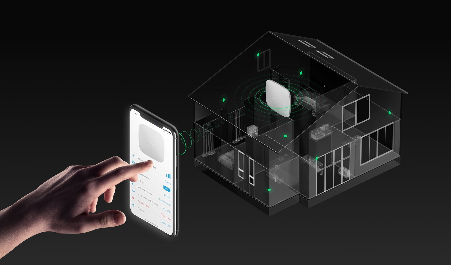 Smartphone controlling a full Ajax home security system with devices mapped throughout a 3D floorplan.