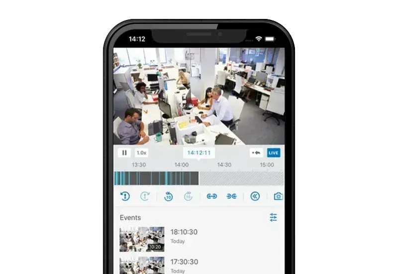A cell phone is displaying a video of a group of people in an office.