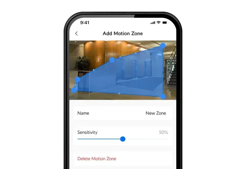 A cell phone with a picture of a room on the screen.