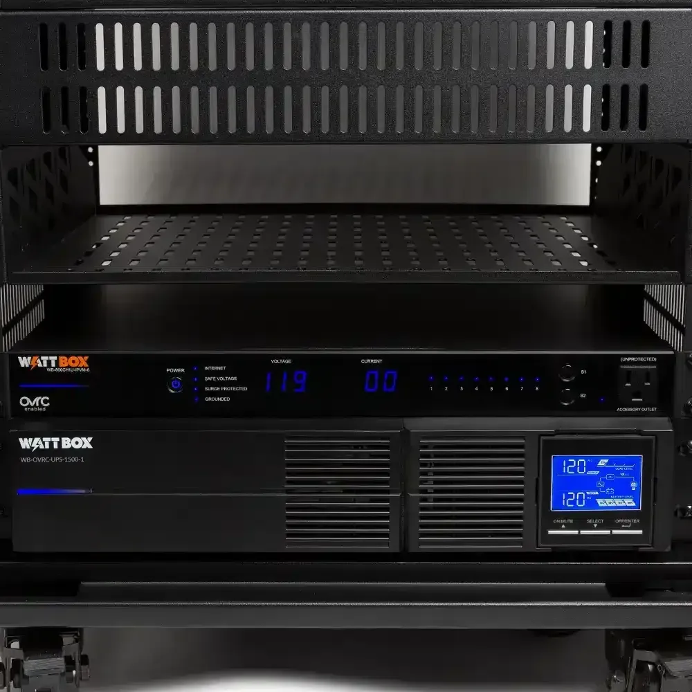 Black rack with electronic equipment, including a UPS and power conditioner.