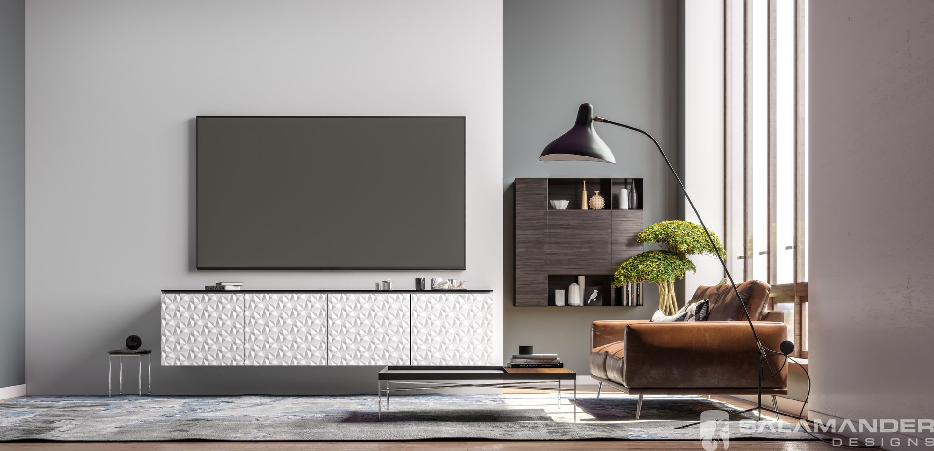 Modern living room home theater setup featuring Salamander Designs AV furniture, wall-mounted TV, and integrated smart home design by Rivas Technology Group.