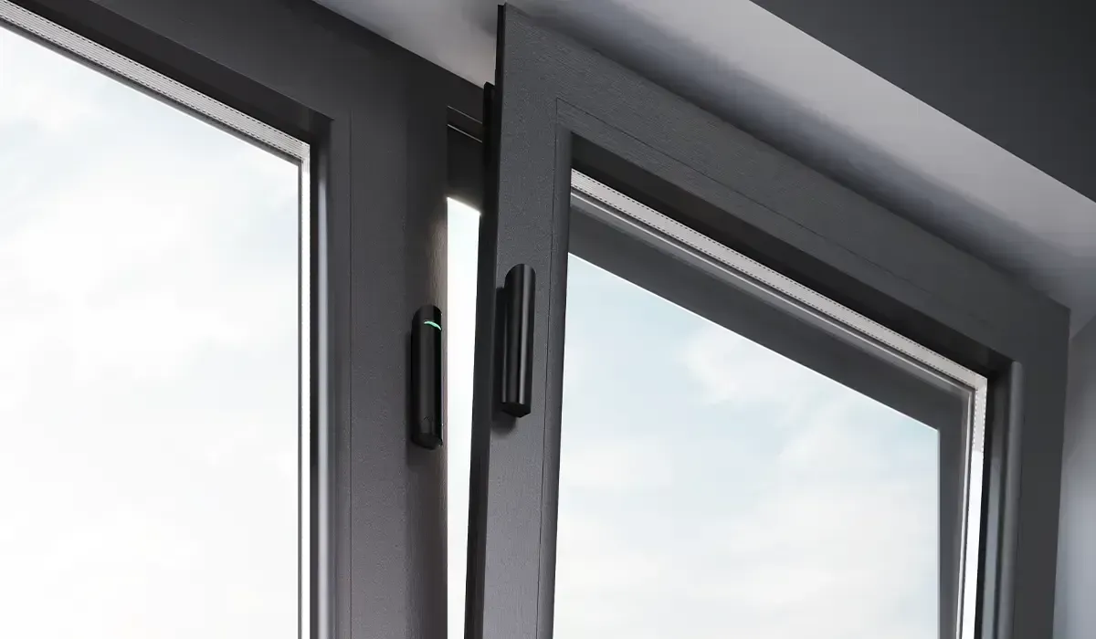 Dark-framed double-pane window; one pane open. Black handle in the center, bright sky outside.