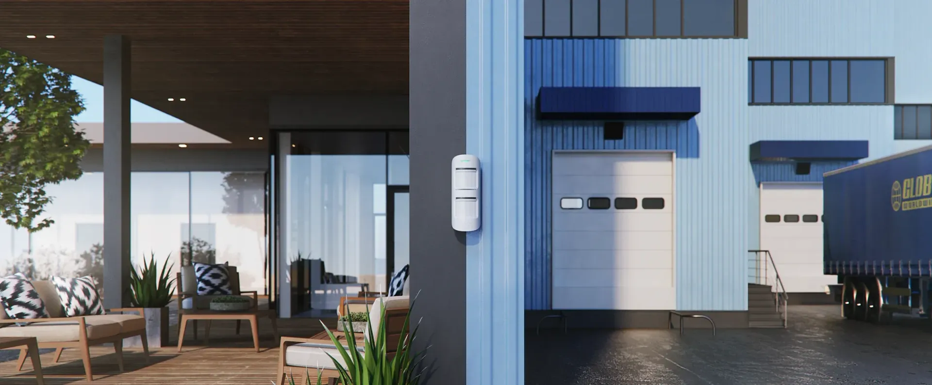 A blue truck is parked in front of a building.