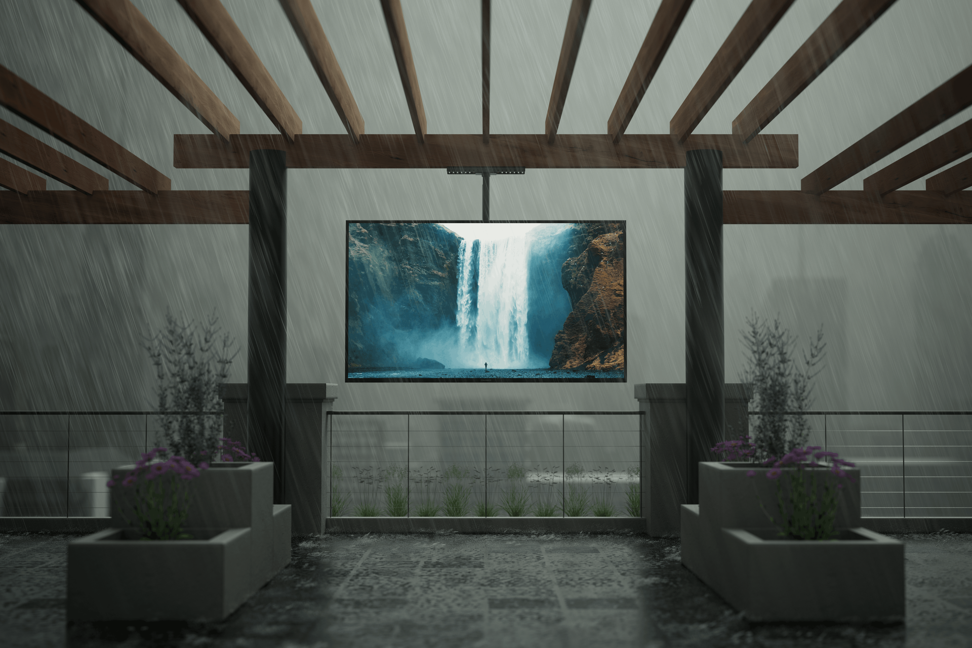 Outdoor TV installation in Pacific Northwest rain