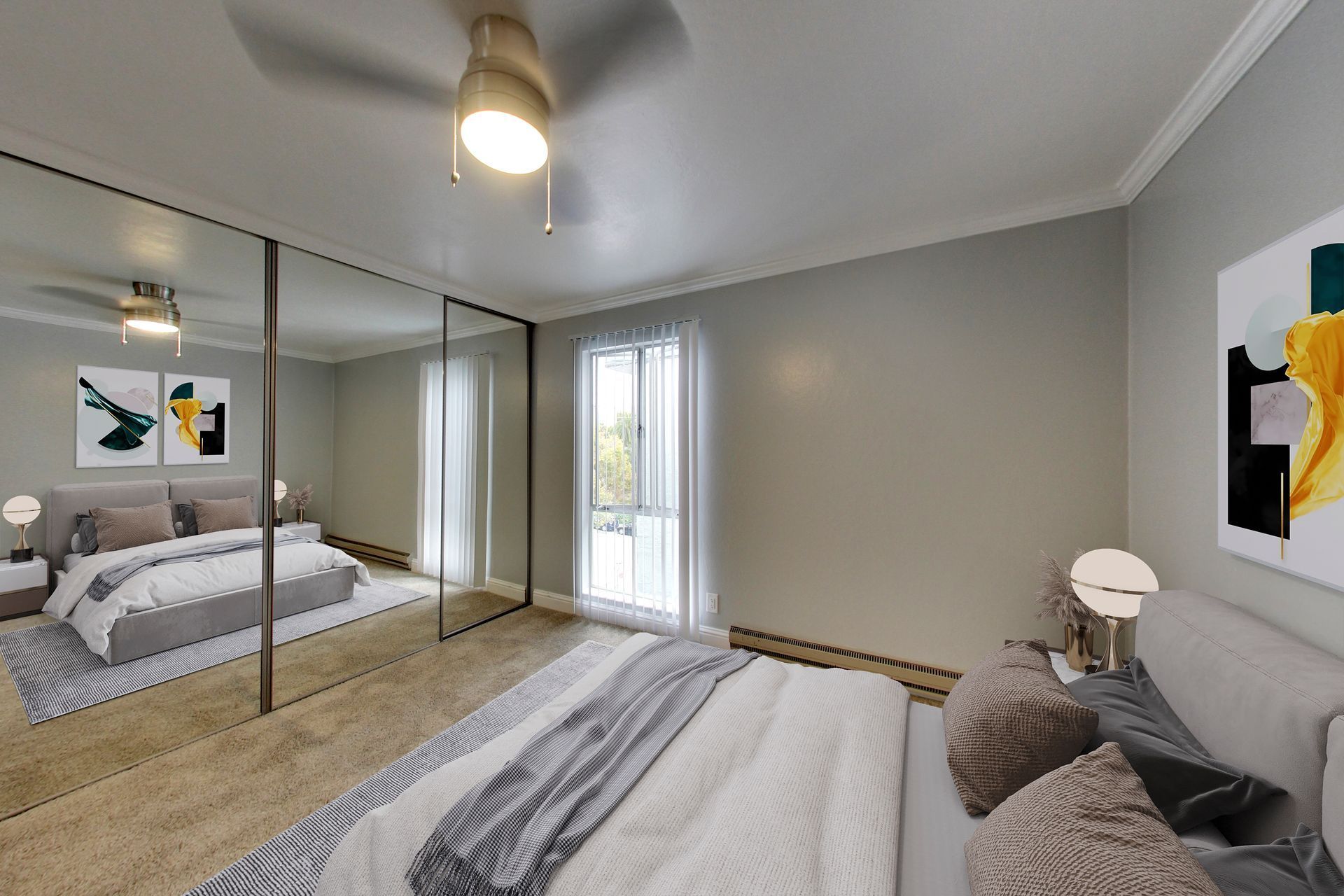 modern bedroom with a mirror closet