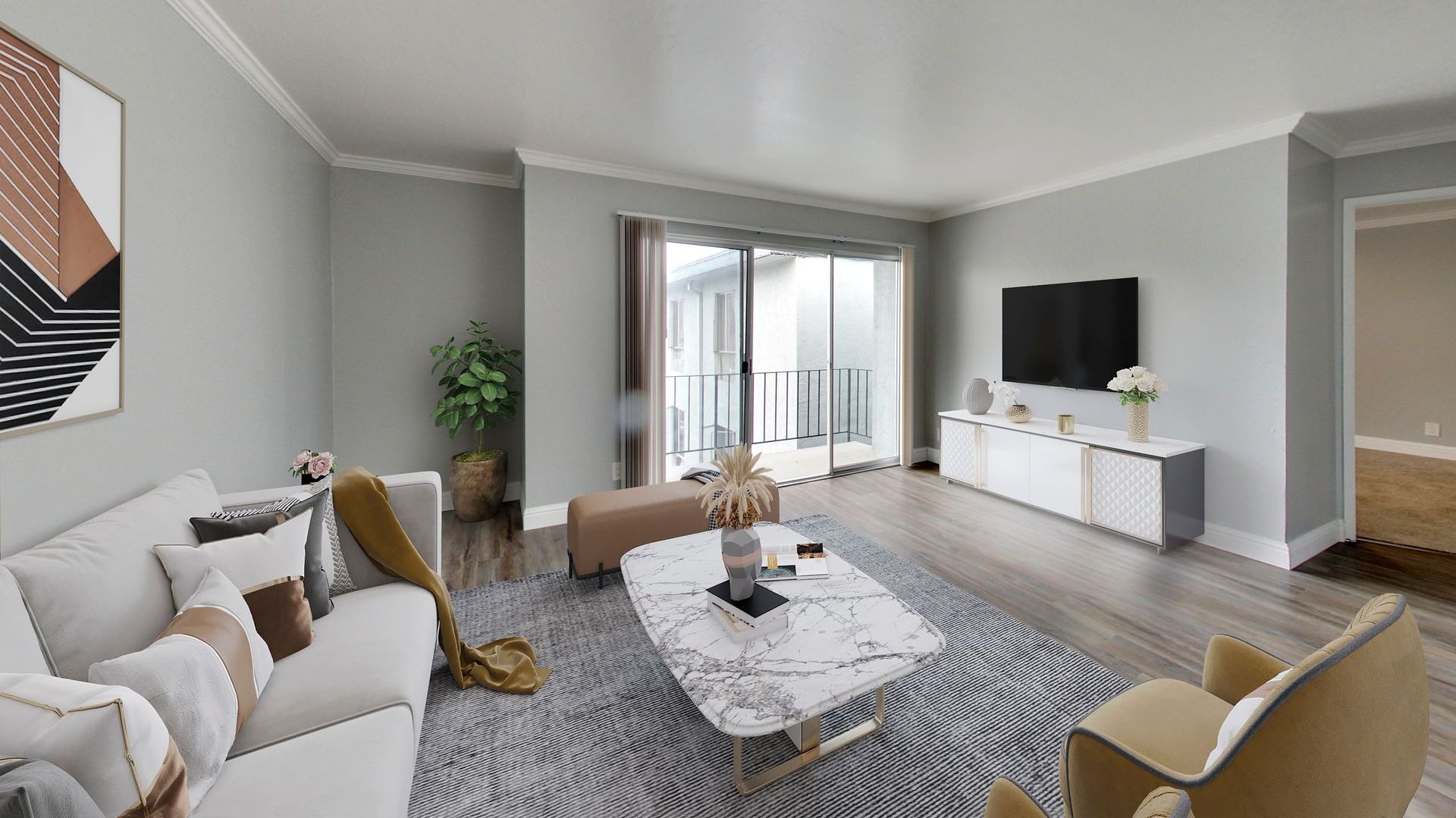 modern living room with a sofa, coffee table, bench, chair, tv and onlooking to a patio