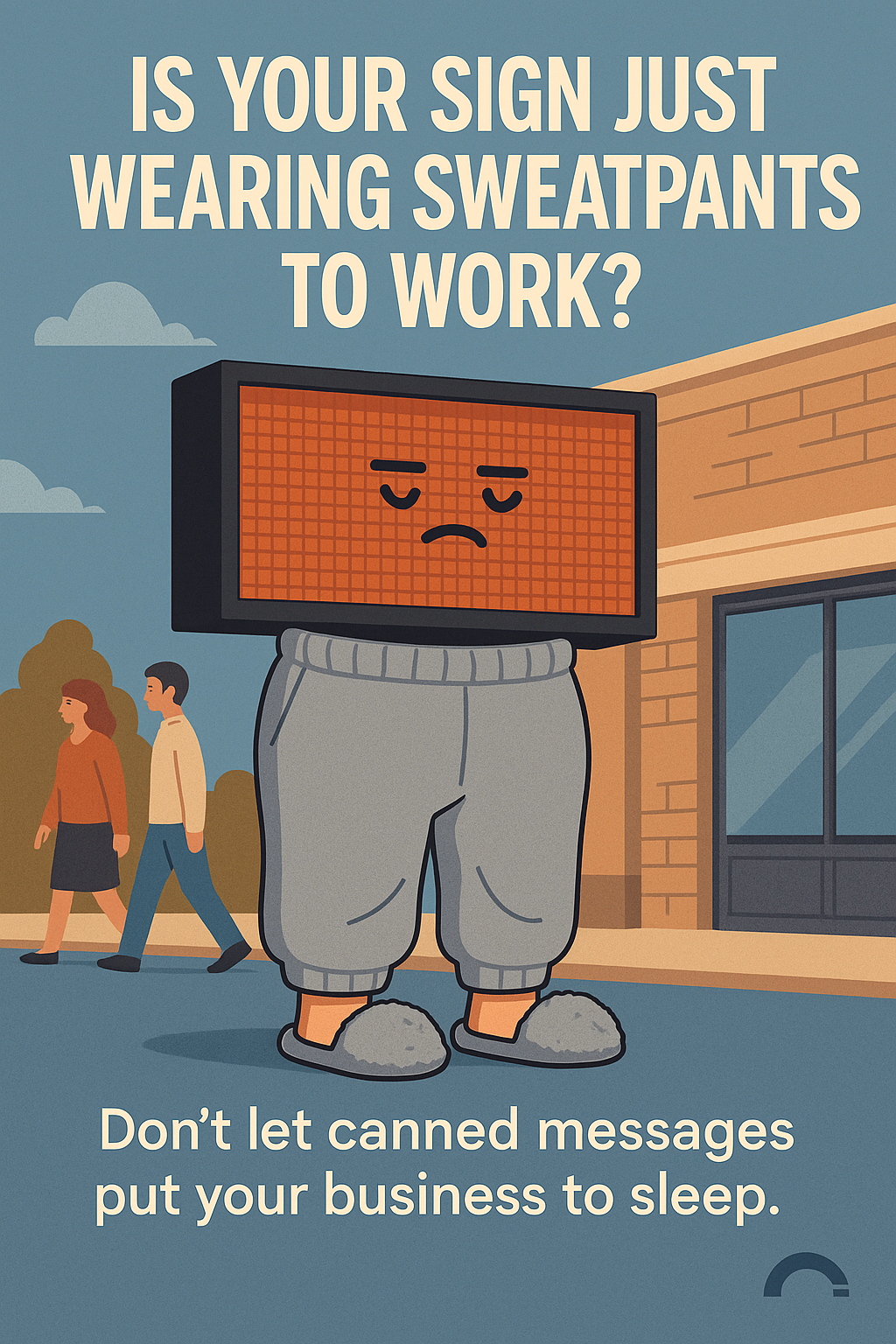 a digital emc sign wearing sweatpants. 