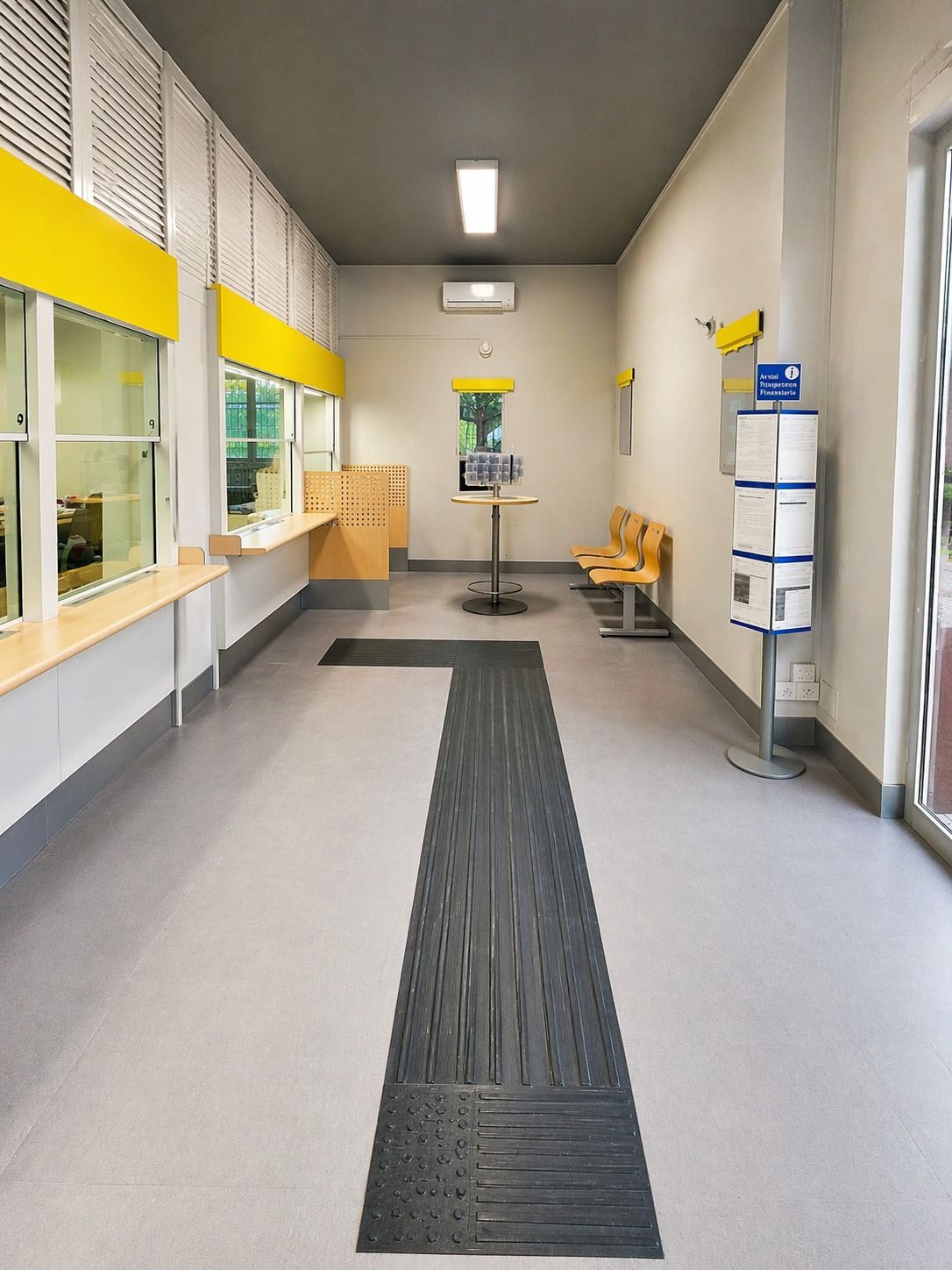 Un corridoio con un bancone di servizio giallo sulla sinistra, indicatori tattili a pavimento, un alto supporto e sedie in fondo.