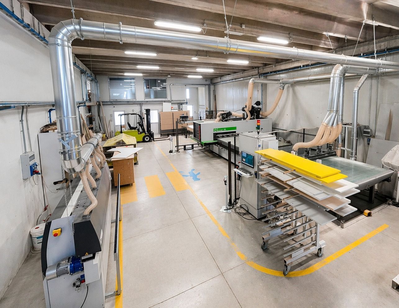Un'officina di falegnameria industriale ben illuminata, dotata di macchinari di taglio automatizzati, condotti di ventilazione e materiali immagazzinati.