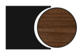 Un rettangolo nero con un bordo curvo concavo a destra, posizionato accanto a una forma circolare marrone che riproduce le venature del legno.