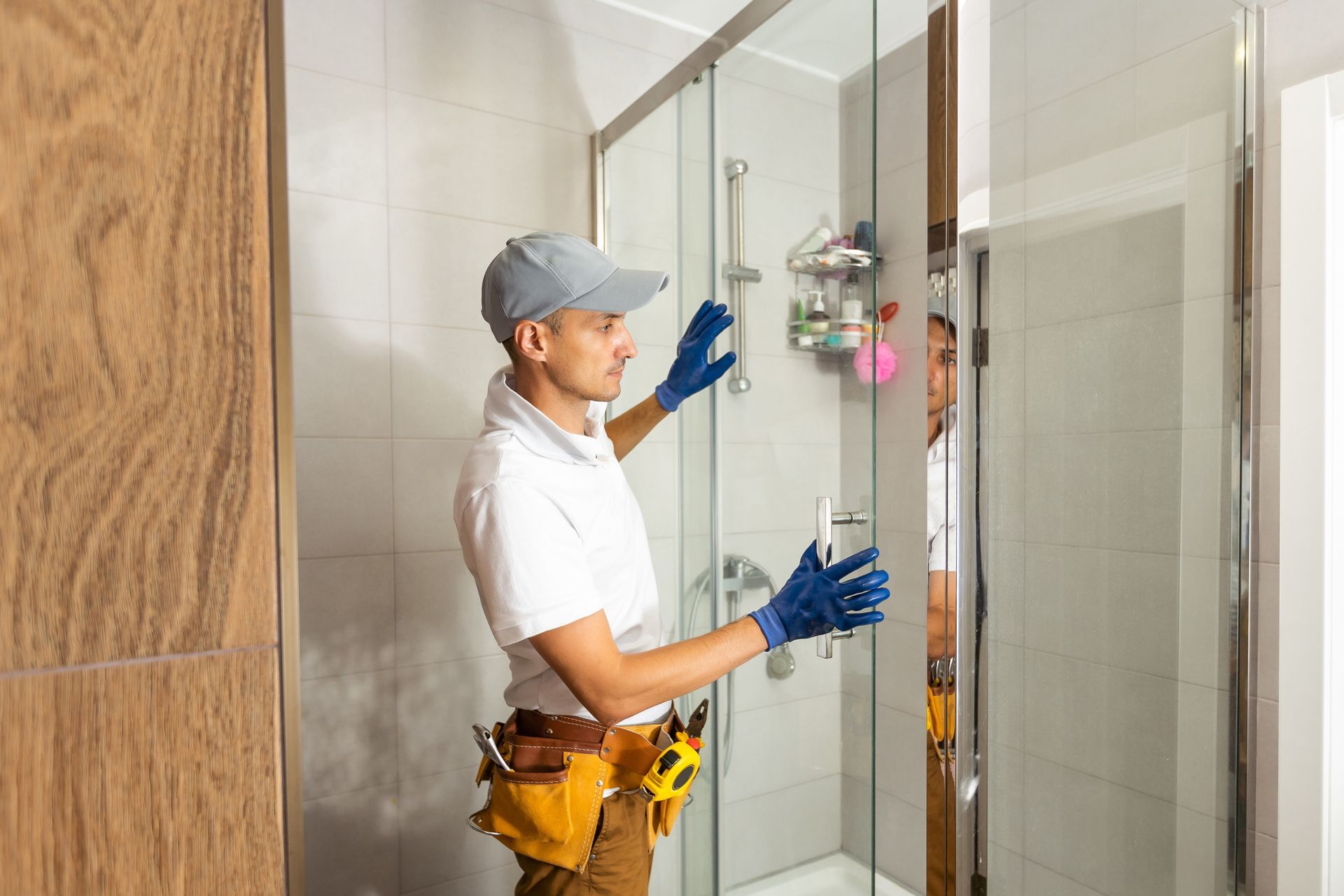 Skilled worker replacing glass shower door, ensuring precise fit and professional finish.