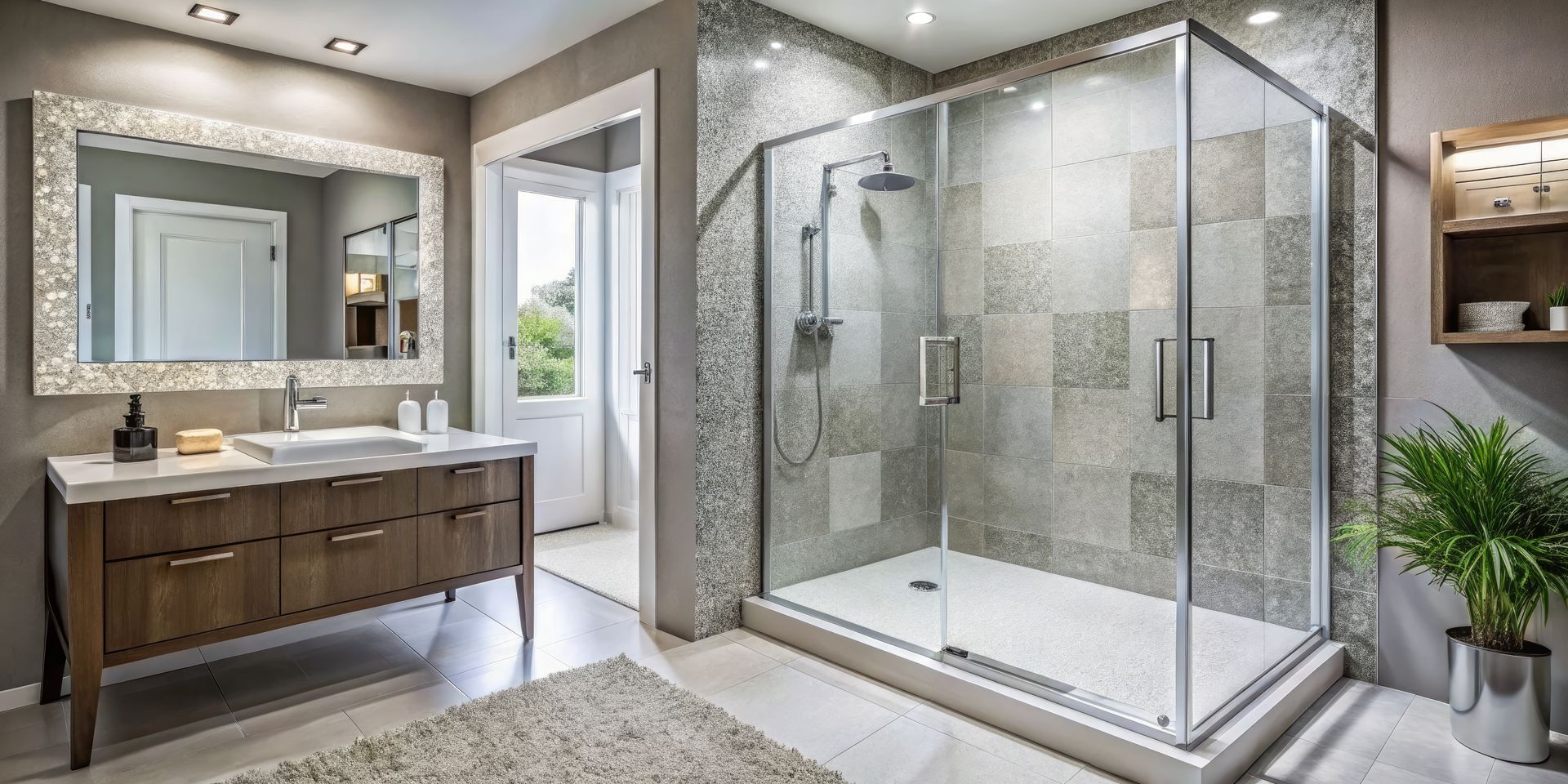 Sleek modern bathroom features a water-droplet-speckled glass shower door with silver frame.