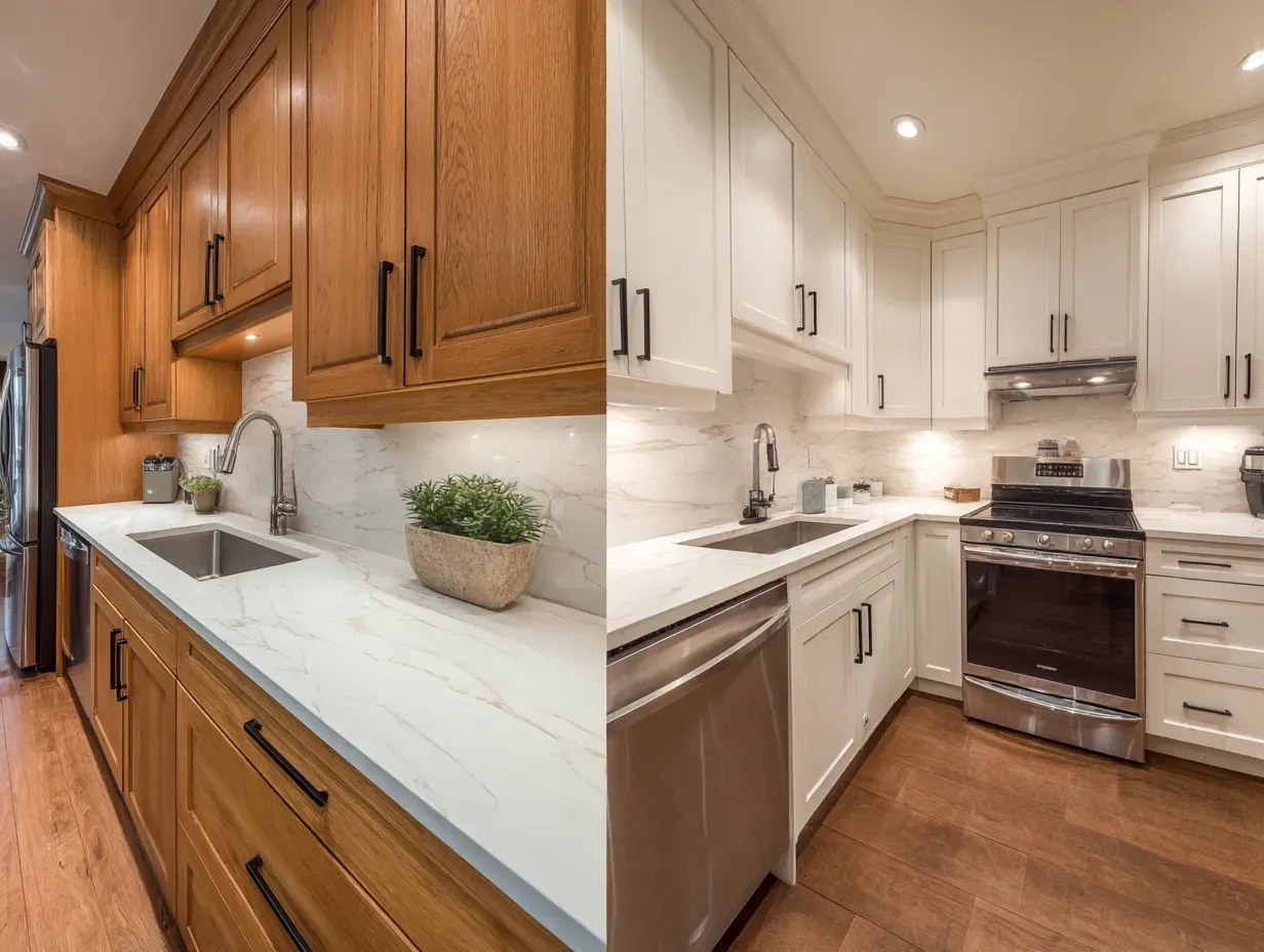 Kitchen before and after renovation: wooden cabinets replaced with white, modern design.