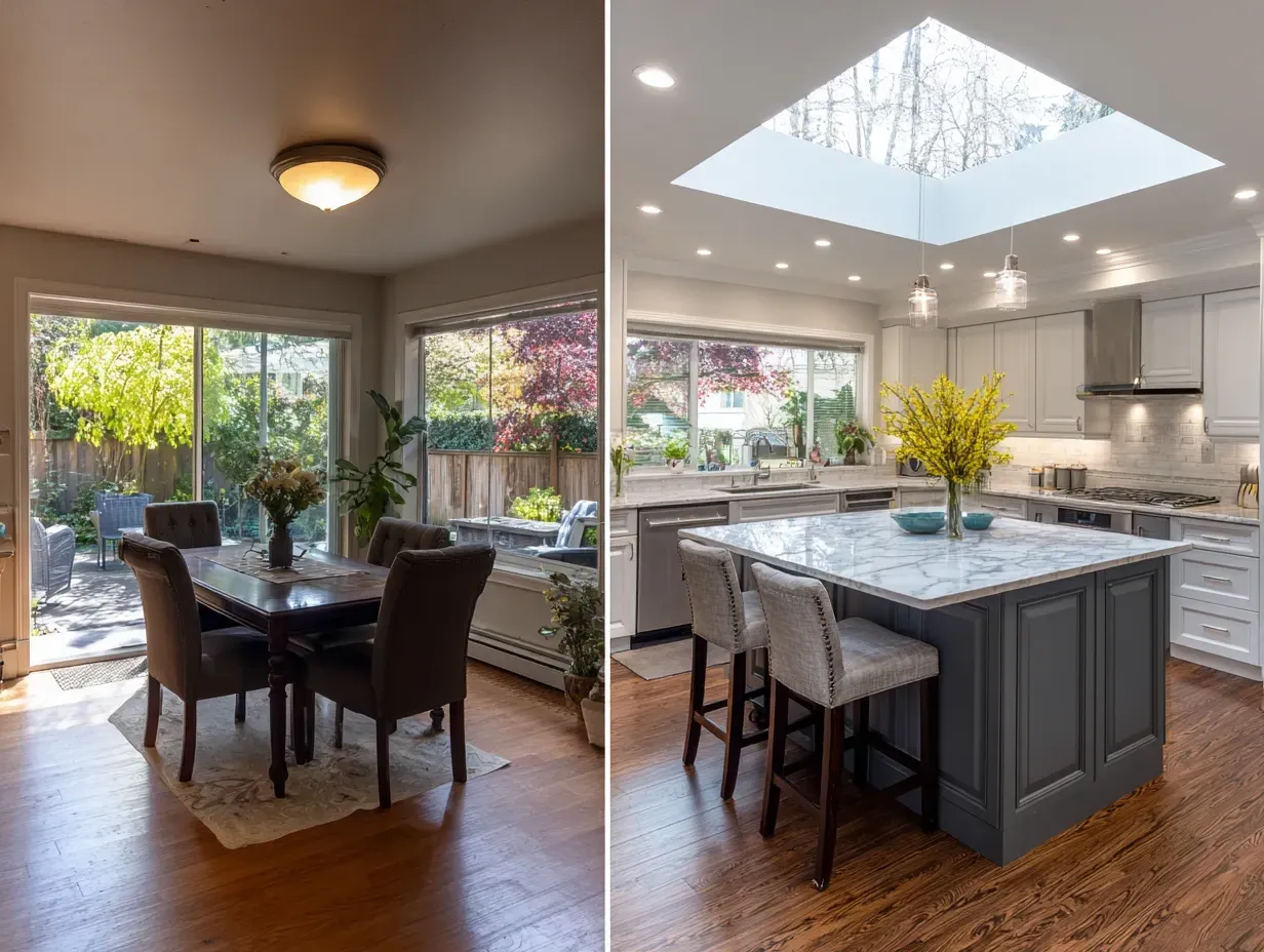 Before and after kitchen remodel: light-filled modern kitchen with island; original dining area with dark table.