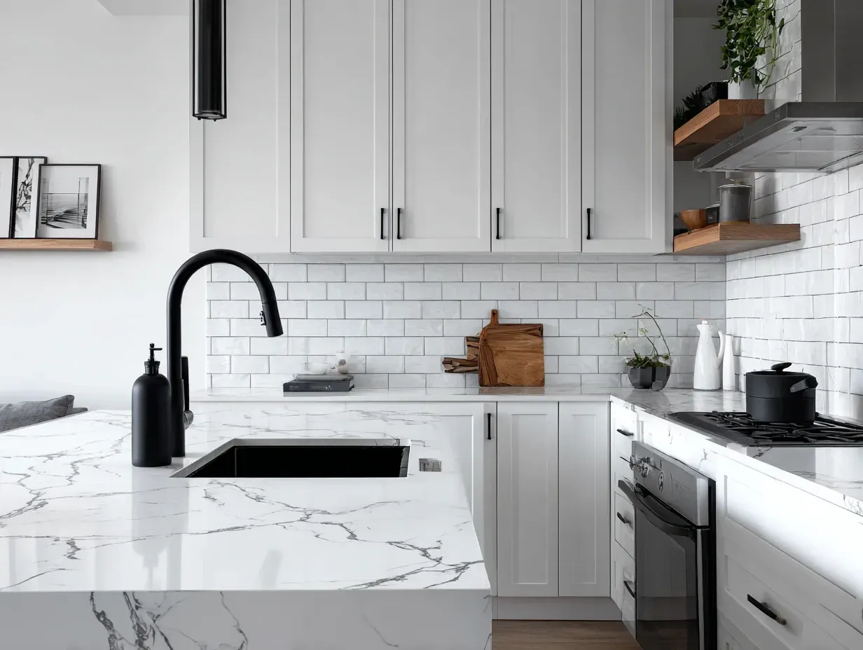 Modern white kitchen with marble countertop, black faucet, and subway tile backsplash.