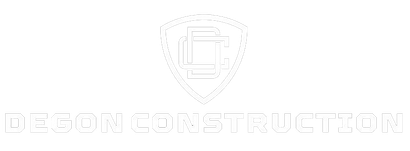 A white logo for Degon Construction featuring a shield icon with an intertwined