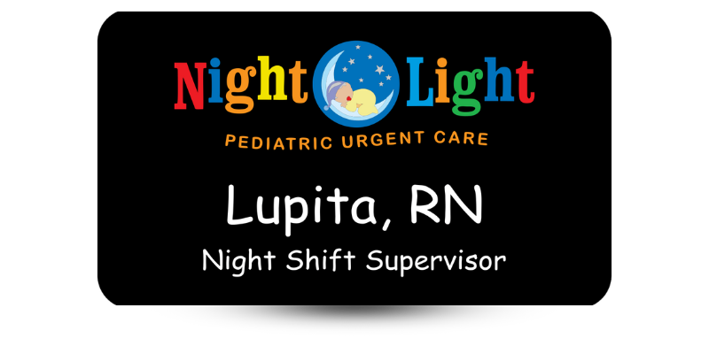 brightly colored name tag