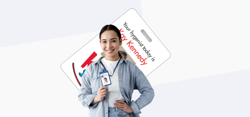 woman wearing a photo ID name badge