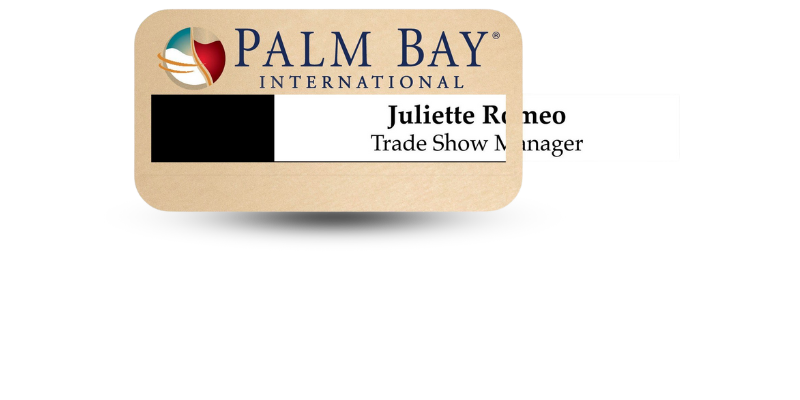 Reusable name badge with a company logo