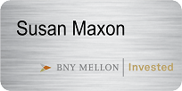 a name tag for Susan maxon from bny mellon invested metal magnetic name tag