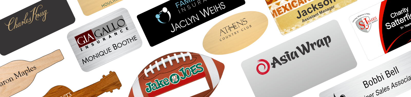 A bunch of name tags with various designs, font sizes, and colors