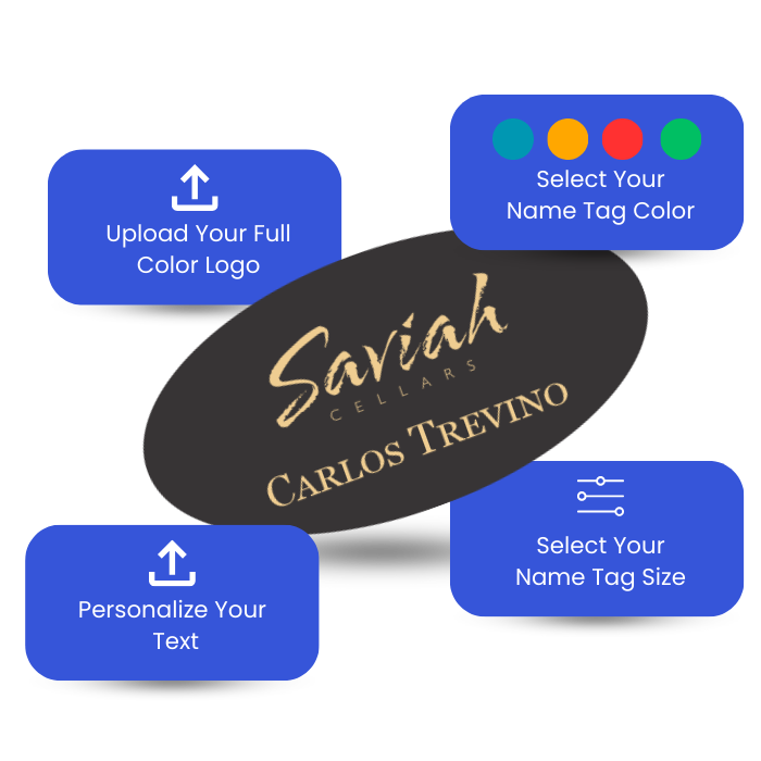 Illustration for personalized name tags with name tag in the middle and customization options near the name tag