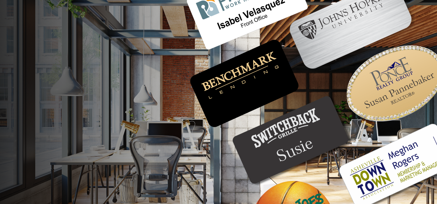 Slide showcasing custom name tags by Name Tag Pros