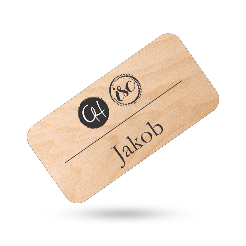 wooden name tag design with logo and name