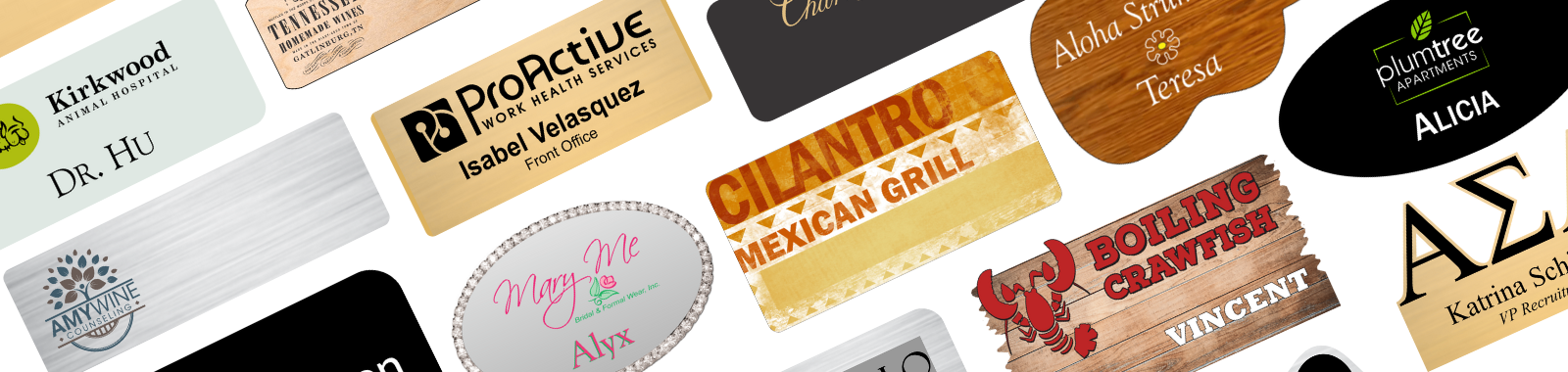 various name tag designs, shapes and colors