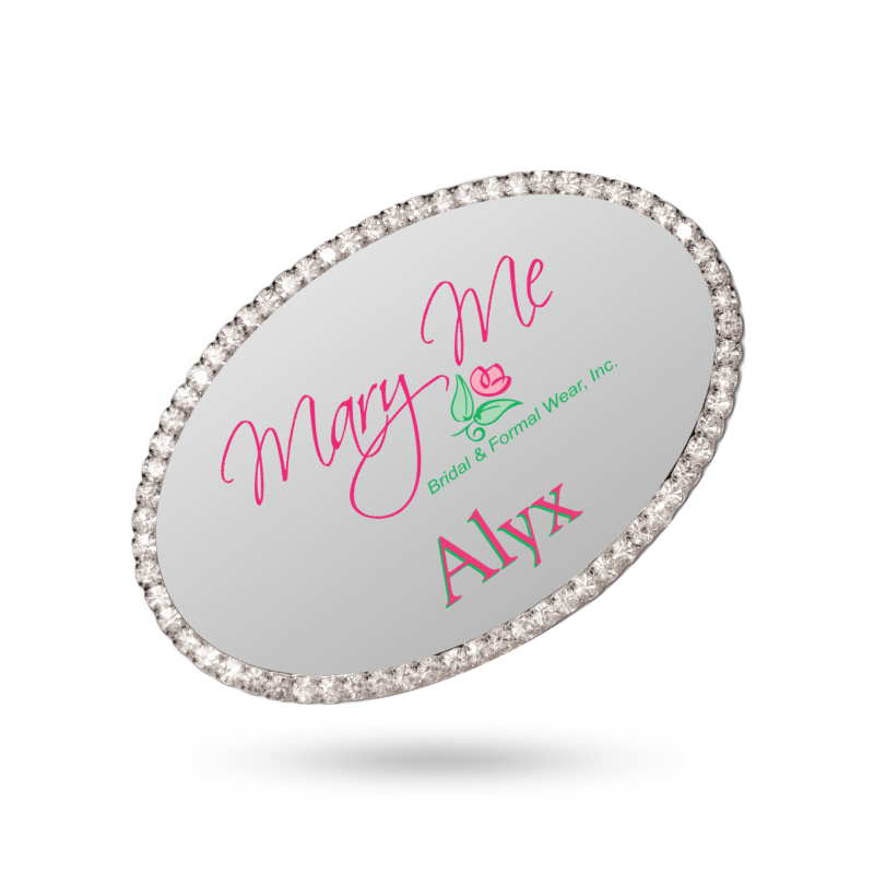 oval shaped with bling border name tag
