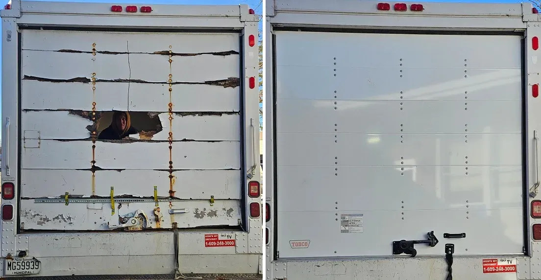 A before and after picture of a white truck