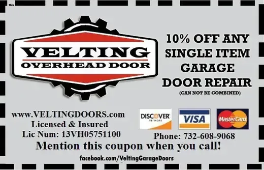 A coupon for velting overhead door garage door repair