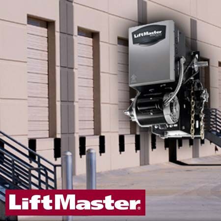 A liftmaster garage door opener is mounted on the side of a building