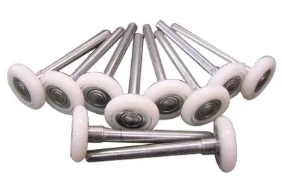 A bunch of white wheels and metal poles on a white background.