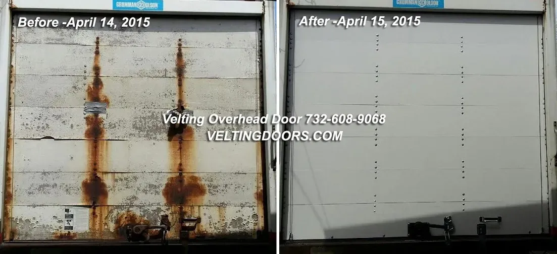 A before and after photo of a rusty garage door