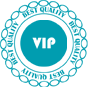 A blue and white circle with the word vip inside of it.