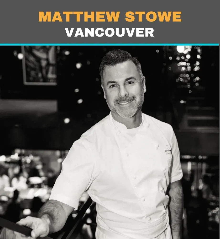 Chef Matthew Stowe in a white jacket, smiling in a Vancouver restaurant kitchen.