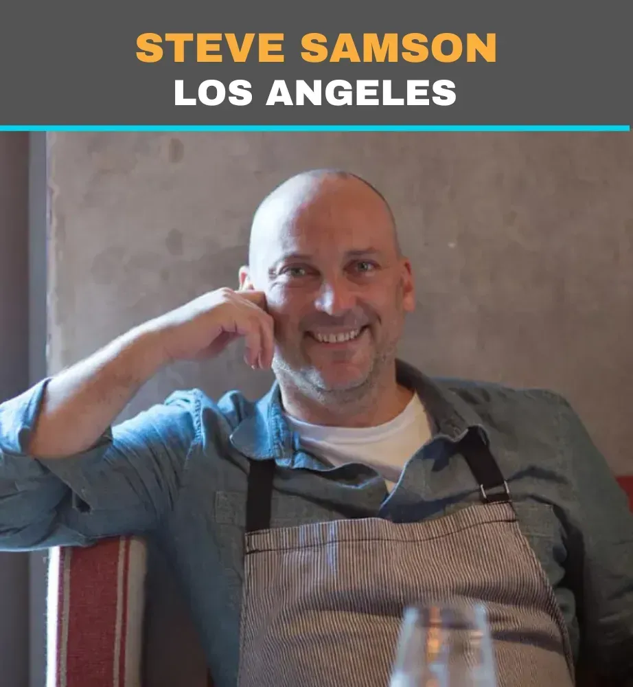 Steve Samson smiling on a couch, wearing a denim shirt and apron, with “Los Angeles” text above.