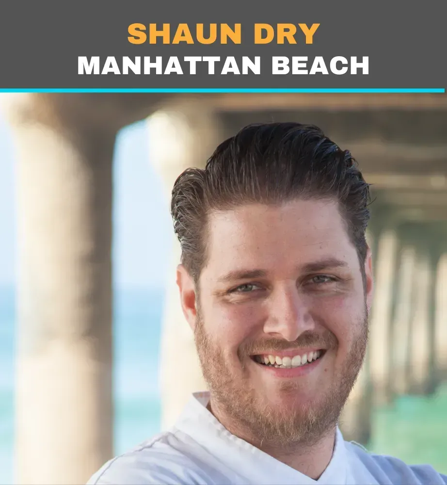 Portrait of Shaun Dry with “Manhattan Beach” banner, smiling at a beachside pier背景