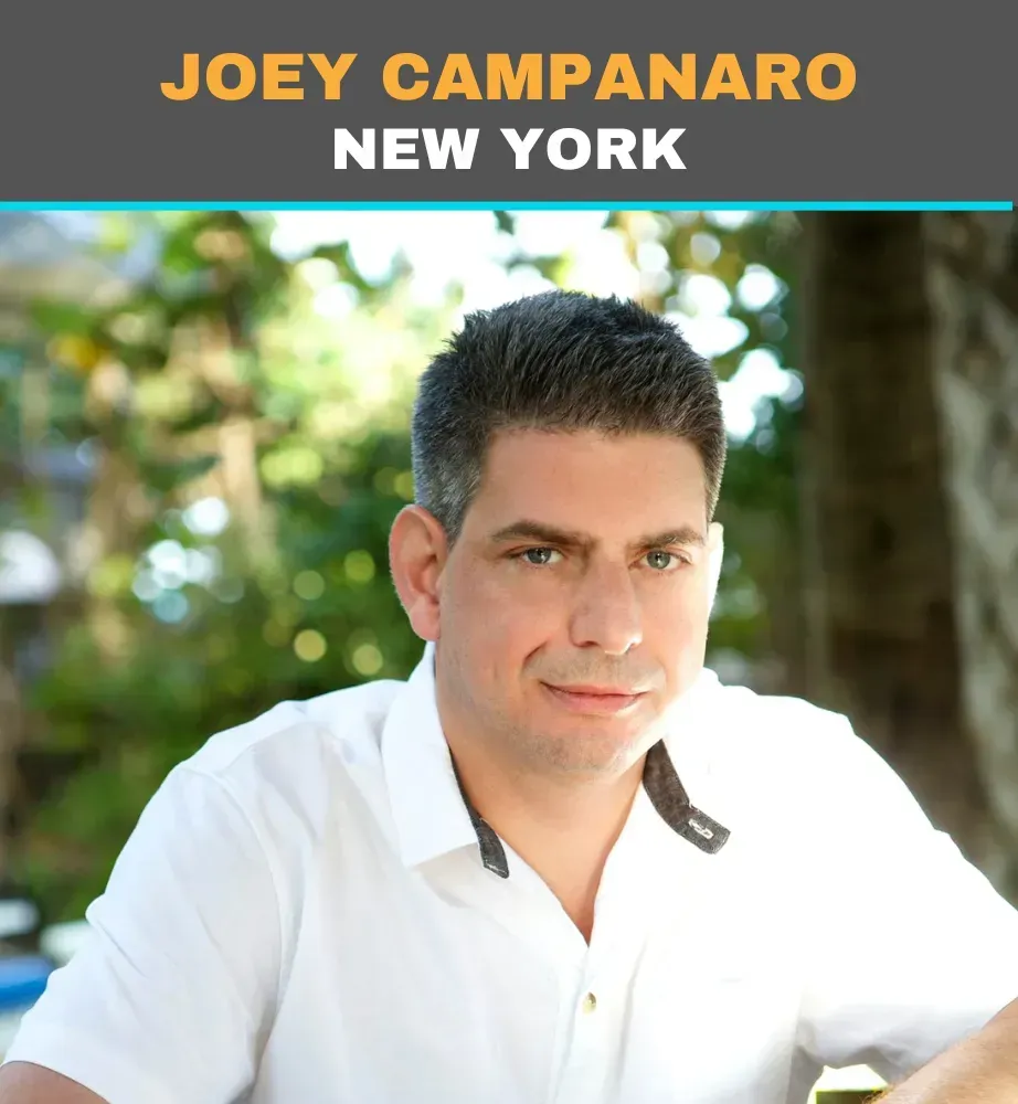Headshot of Joey Campanaro in a white shirt, with “New York” text above and a blurred outdoor background