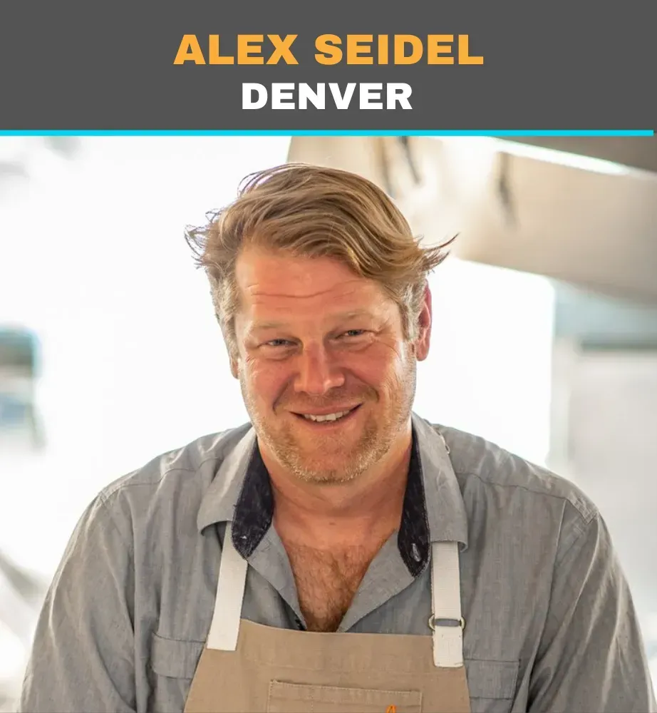 Alex Seidel in a tan apron, smiling in a kitchen, with “DENVER” text above.