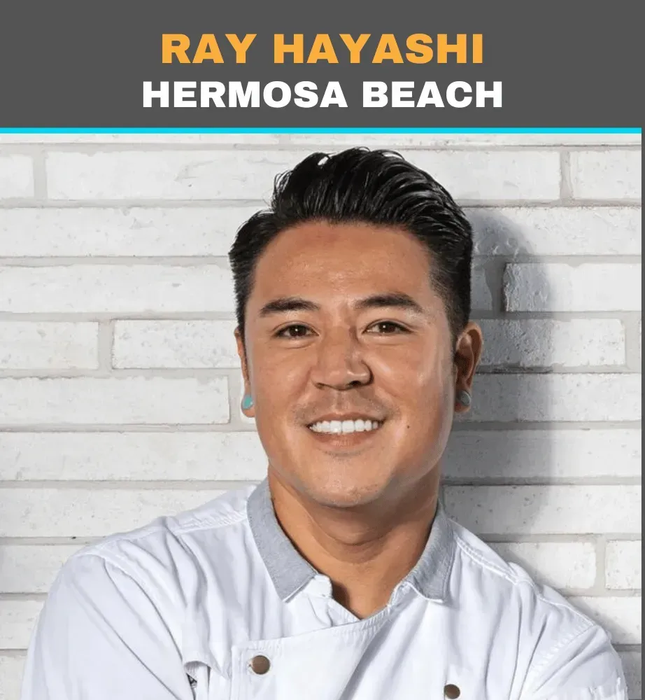 Portrait of chef Ray Hayashi in a white jacket, smiling before a white brick wall, with “Hermosa Beach” text.