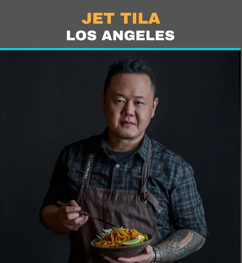 Jet Tila holding a plate of noodles, with “Jet Tila Los Angeles” text above him