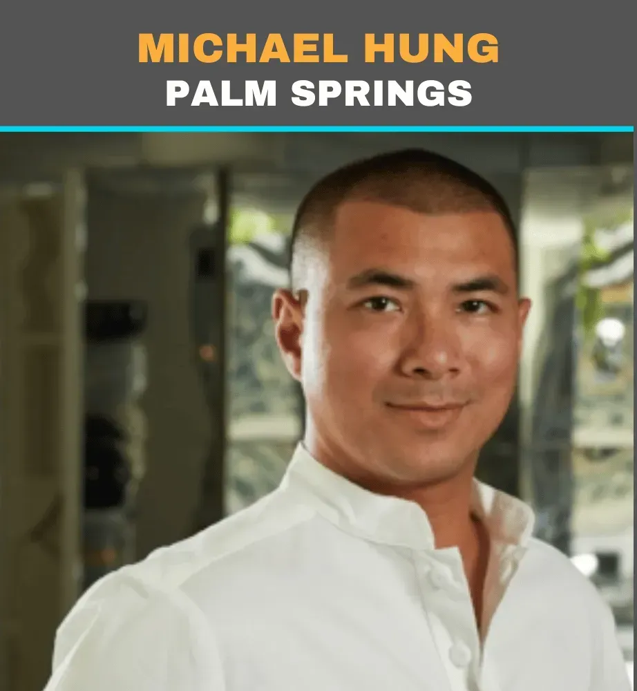 Michael Hung portrait with “Palm Springs” text banner at top