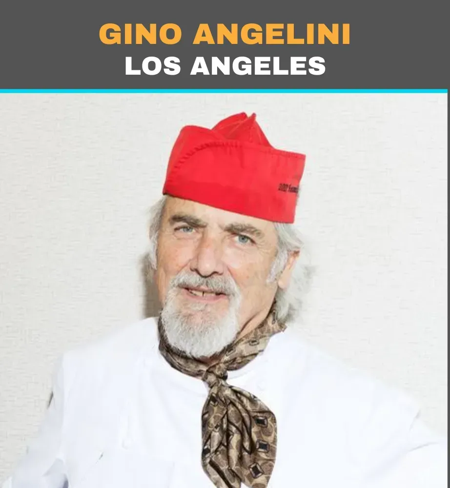 Portrait of Gino Angelini wearing a red cap and patterned neck scarf on a white background with “LOS ANGELES” text above