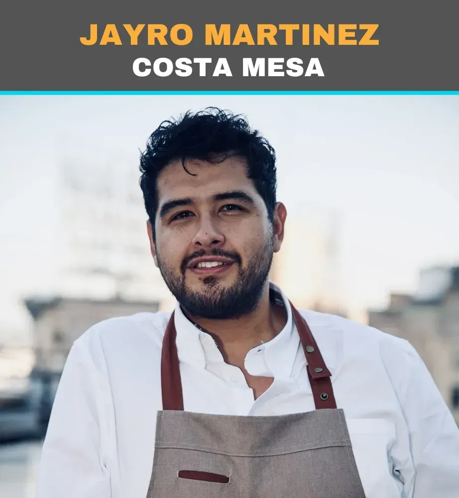 Jayro Martinez in a white shirt and apron, smiling outdoors with Costa Mesa text above.